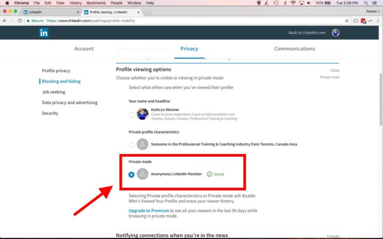 How do I set privacy to anonymous on LinkedIn