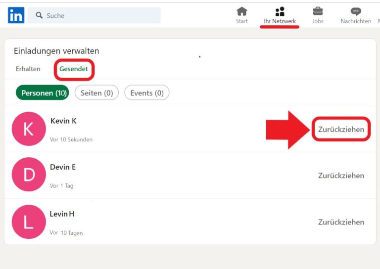 Wo sehe ich in LinkedIn wem ich eine Anfrage geschickt habe