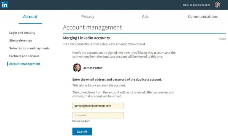 Is it possible to merge two LinkedIn accounts