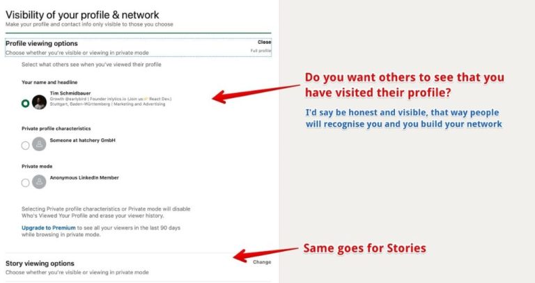 How do I change my profile viewing options on LinkedIn