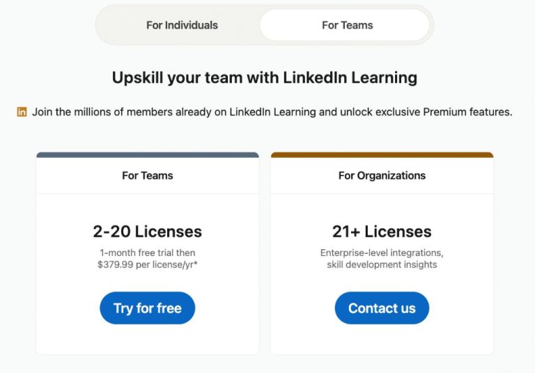 How much does LinkedIn Learning team plan cost