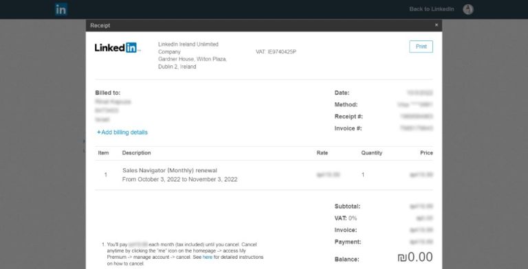 How do I save a LinkedIn receipt as a PDF