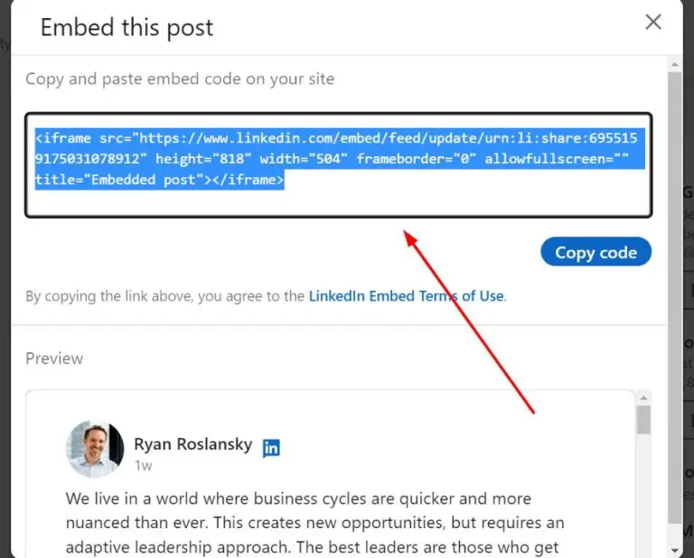 How do I add an embed code to LinkedIn