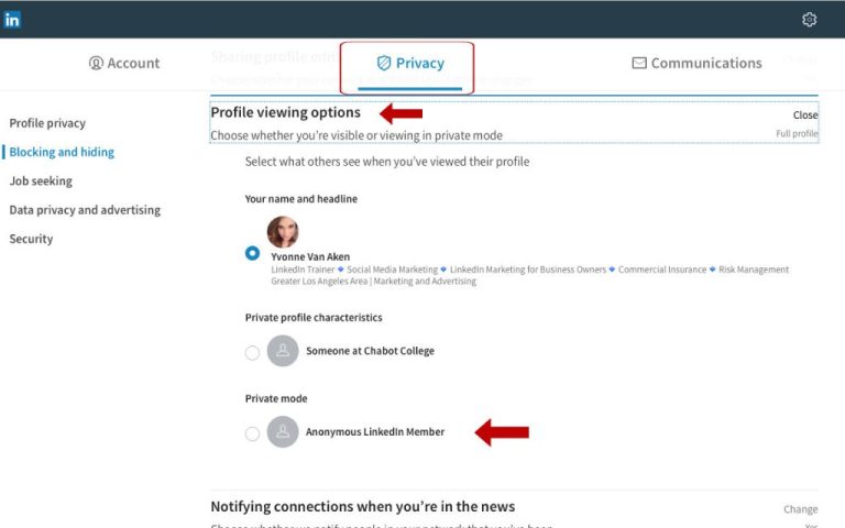 Where is profile viewing option in LinkedIn