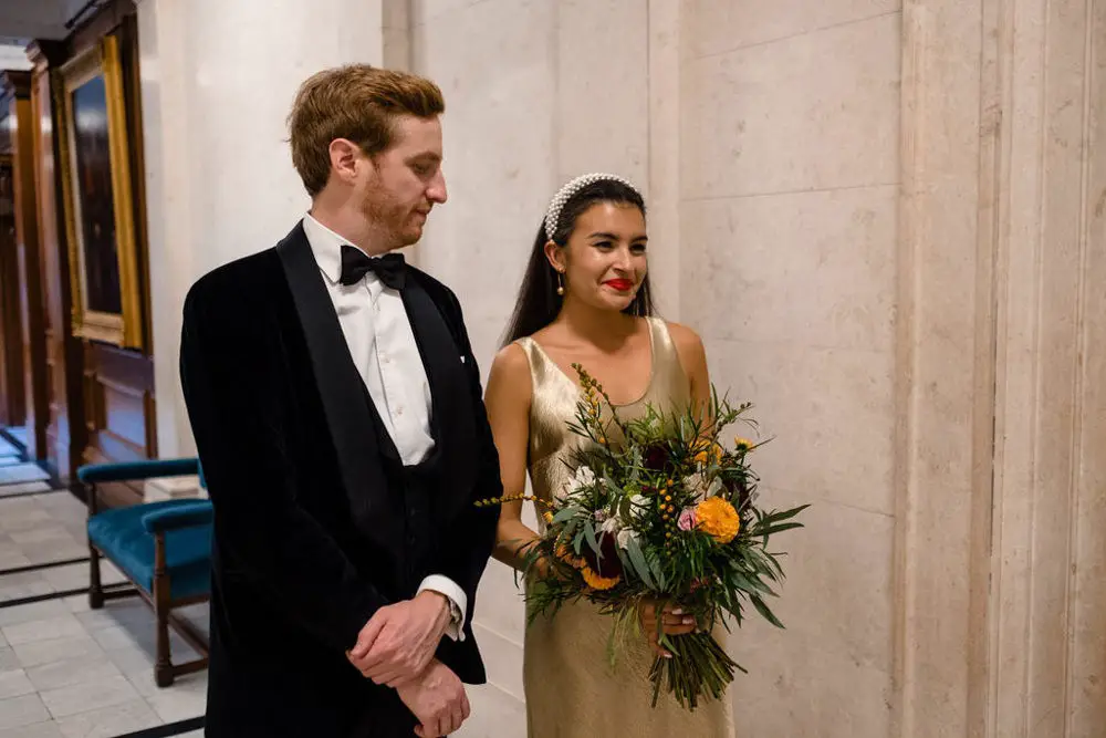 Fun Micro London Town Hall Wedding With a Gold Wedding Dress